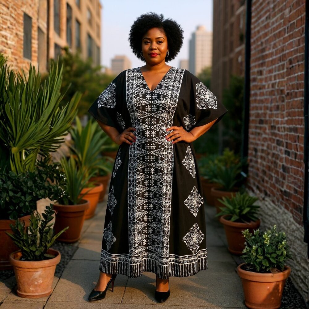 Gypsie Blu Floral Printed Black Polyester Caftan Maxi Dress Nighty for Women